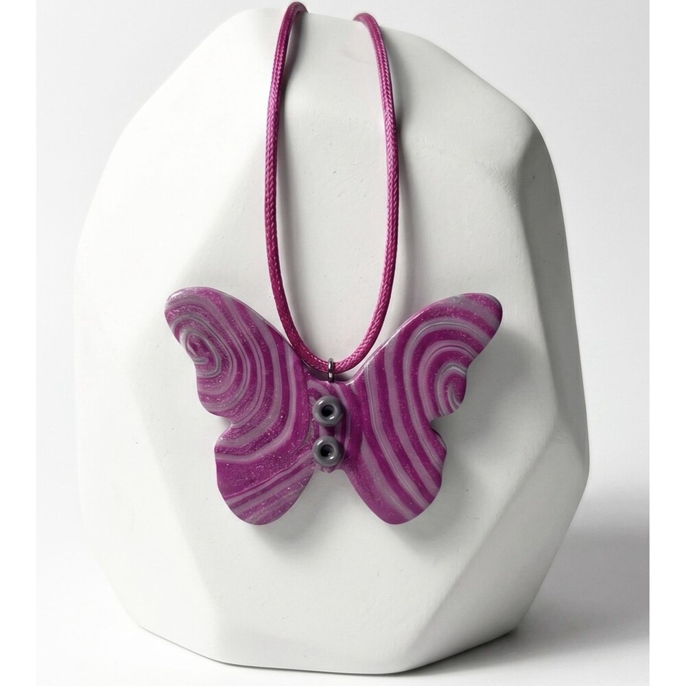 Polymer Clay Purple & Pink Swirl Butterfly Handmade Pendant Necklace Satin Cord